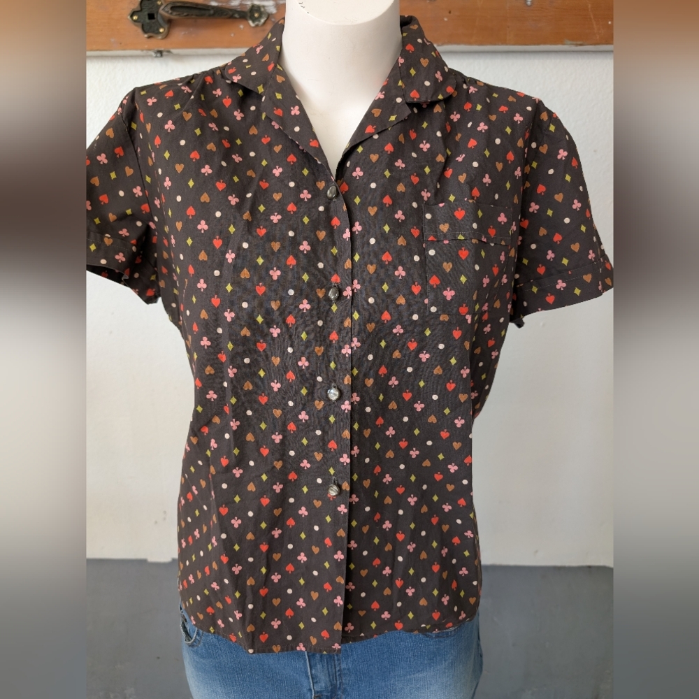 Vintage Crop Top Button Up Short Sleeve One Pocket Deck Of Cards Fabric Sz S